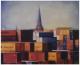 Container mit Kirchturm Altenwerder - Edda Felmy - Ãl auf Nessel - Landschaft - Gegenständlich Container mit Kirchturm Altenwerder - Edda Felmy - Ãl auf Nessel - Landschaft - Gegenständlich